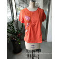 Orange Shiny Colourful Printed Flower Ladies T-Shirt Clothes